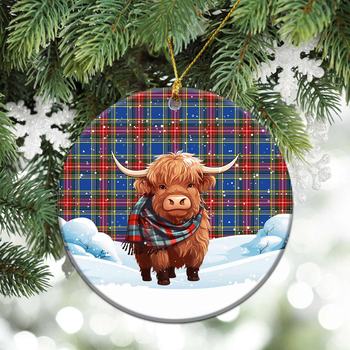 Beaton Modern Tartan Christmas Ceramic Ornament - Highland Cows Snow Style