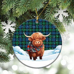 Black Watch Ancient Tartan Christmas Ceramic Ornament - Highland Cows Snow Style