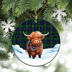 Black Watch Tartan Christmas Ceramic Ornament - Highland Cows Snow Style