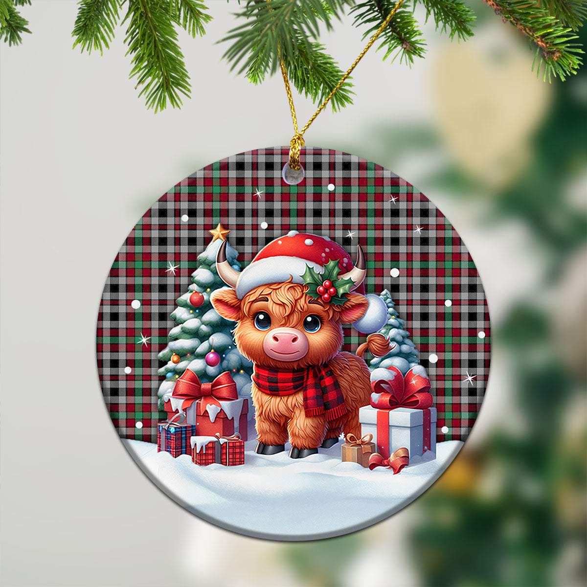 Borthwick Ancient Tartan Christmas Ceramic Ornament - Highland Cow Winter Style