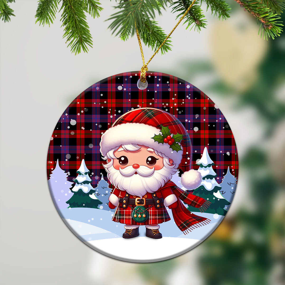 Broun Modern Tartan Christmas Ceramic Ornament - Santa Claus In Kilt Style