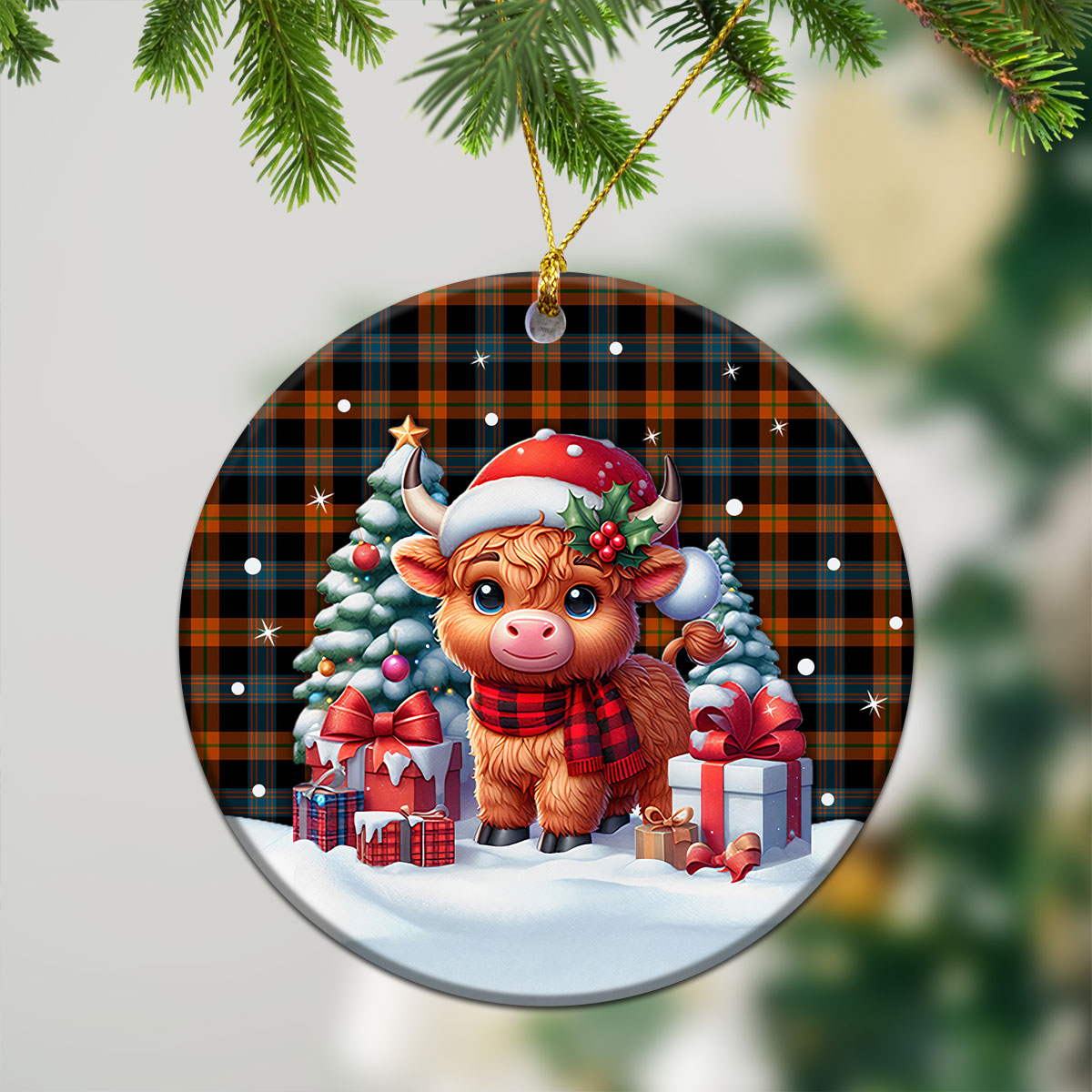 Brown Ancient Tartan Christmas Ceramic Ornament - Highland Cow Winter Style