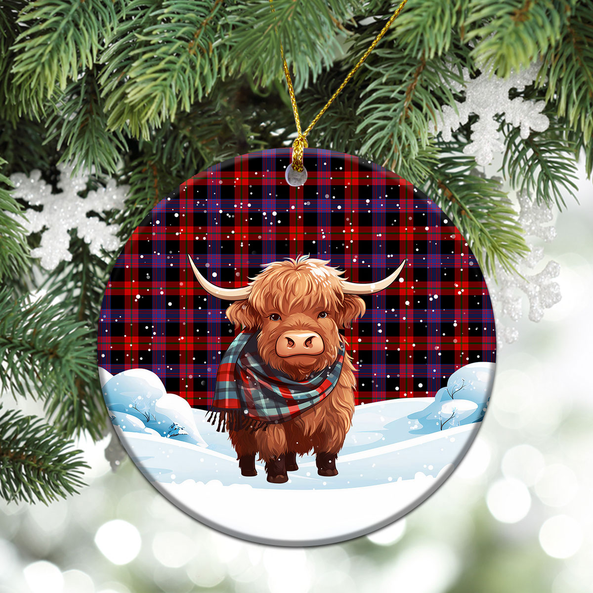 Brown Modern Tartan Christmas Ceramic Ornament - Highland Cows Snow Style