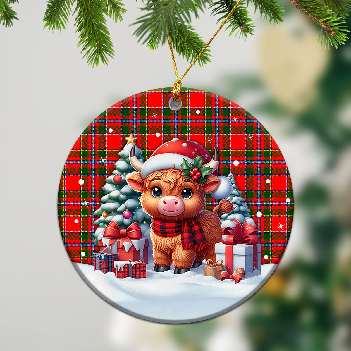 Butter Tartan Christmas Ceramic Ornament - Highland Cow Winter Style