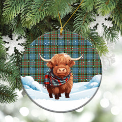 Caldwell Tartan Christmas Ceramic Ornament - Highland Cows Snow Style