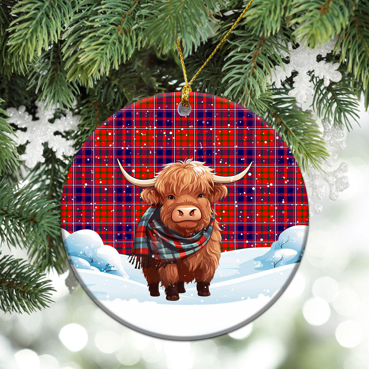 Cameron of Lochiel Modern Tartan Christmas Ceramic Ornament - Highland Cows Snow Style