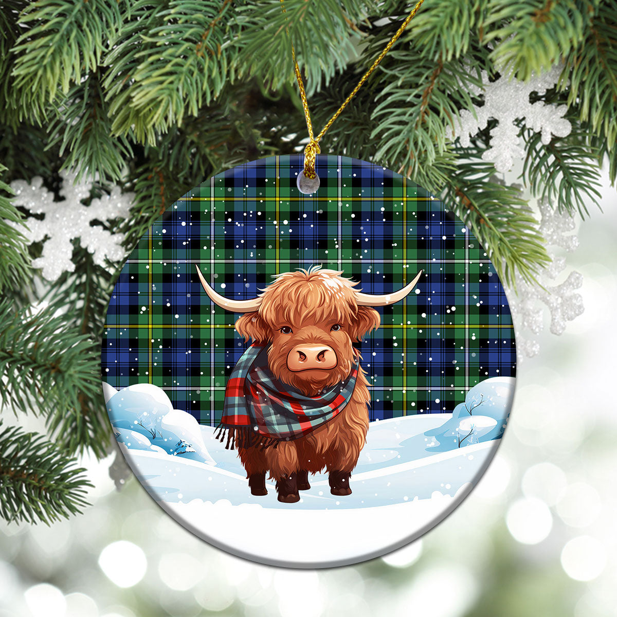 Campbell Argyll Ancient Tartan Christmas Ceramic Ornament - Highland Cows Snow Style