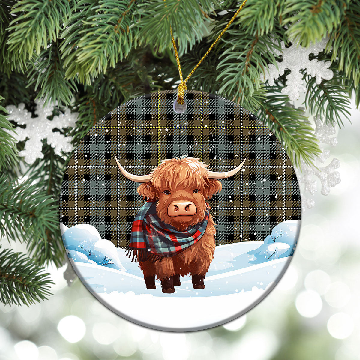 Campbell Argyll Weathered Tartan Christmas Ceramic Ornament - Highland Cows Snow Style