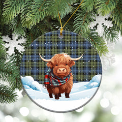 Campbell Faded Tartan Christmas Ceramic Ornament - Highland Cows Snow Style