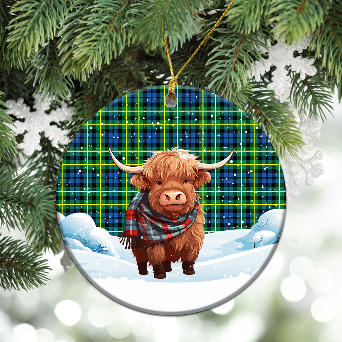 Campbell of Breadalbane Ancient Tartan Christmas Ceramic Ornament - Highland Cows Snow Style