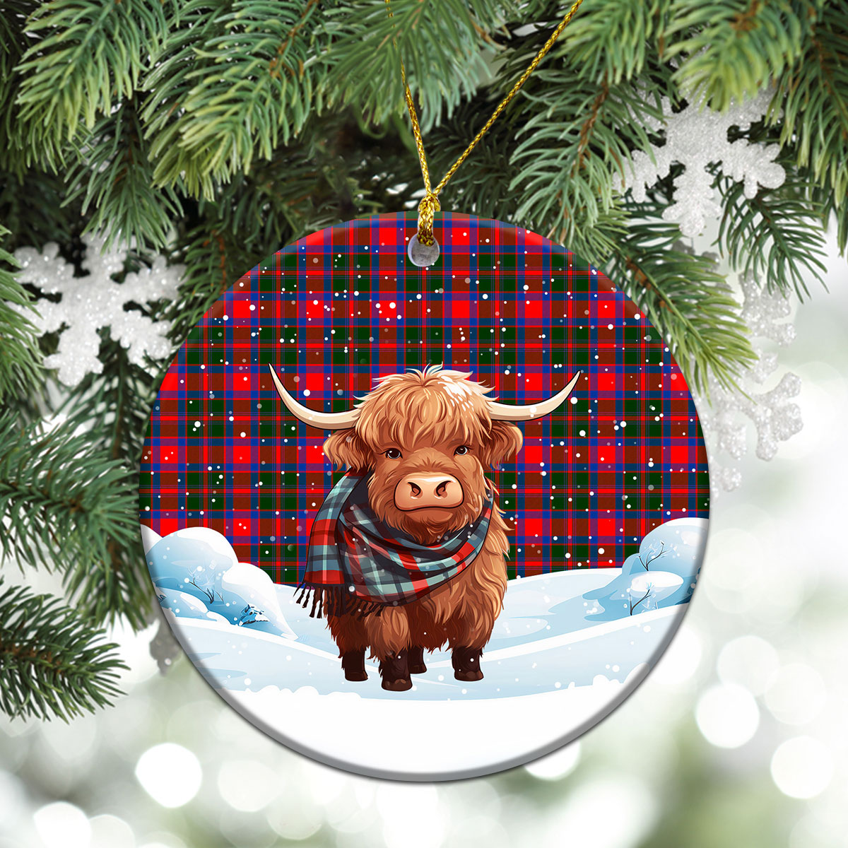 Carrick District Tartan Christmas Ceramic Ornament - Highland Cows Snow Style