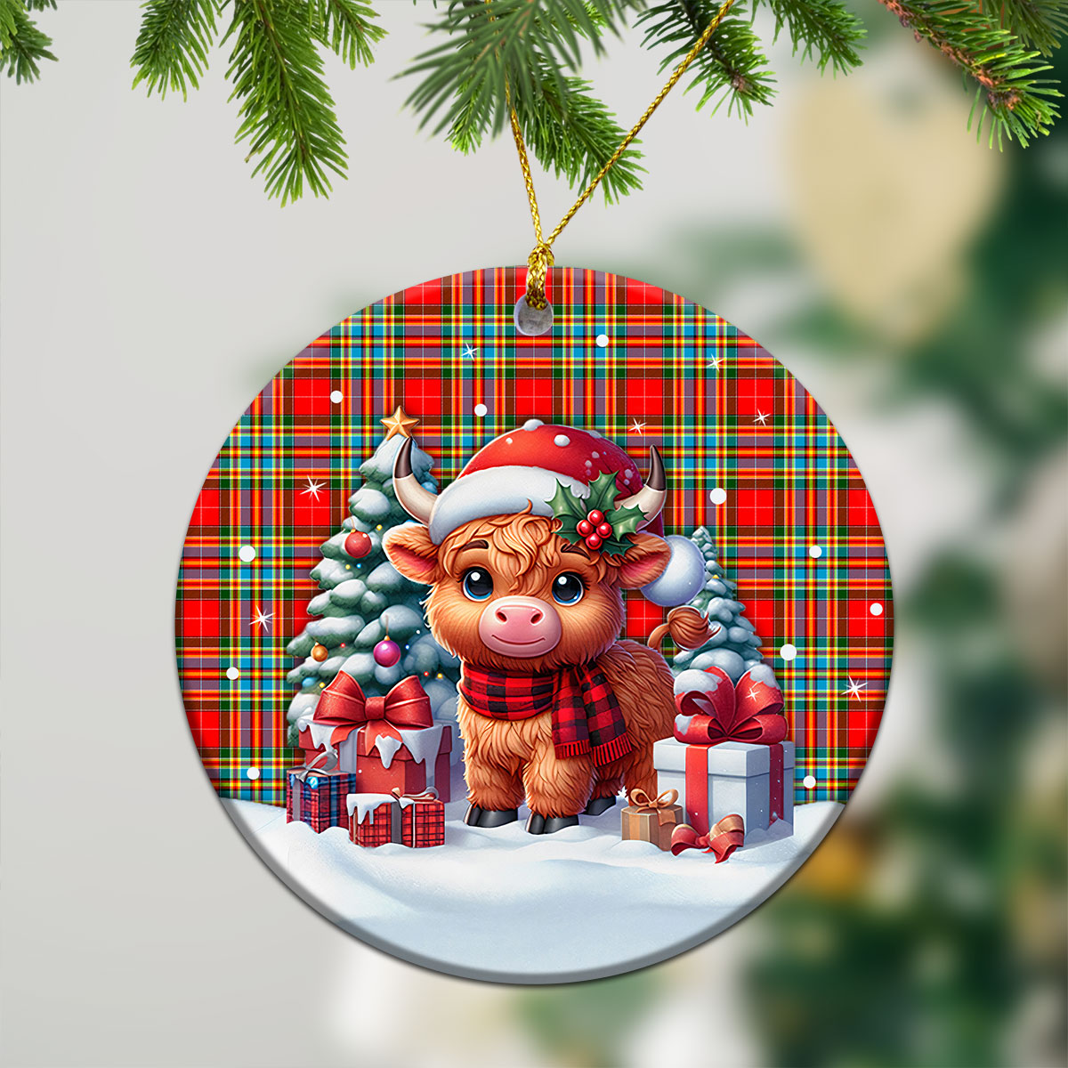 Chattan Tartan Christmas Ceramic Ornament - Highland Cow Winter Style