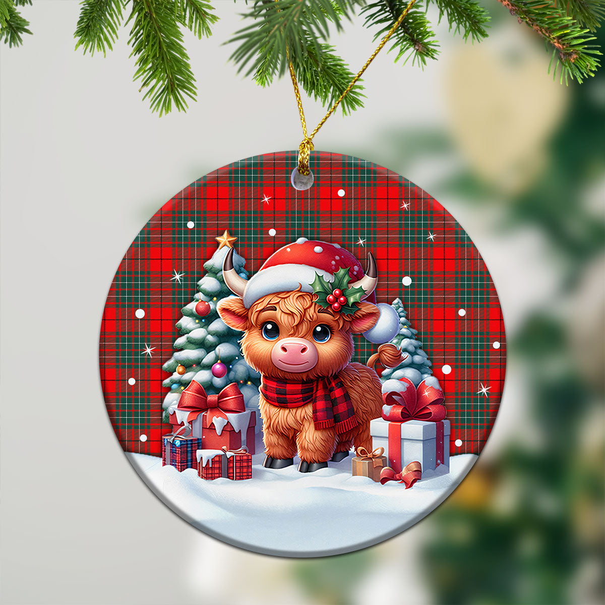 Cheyne Tartan Christmas Ceramic Ornament - Highland Cow Winter Style