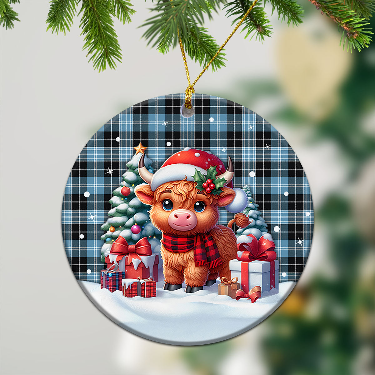 Clark Ancient Tartan Christmas Ceramic Ornament - Highland Cow Winter Style