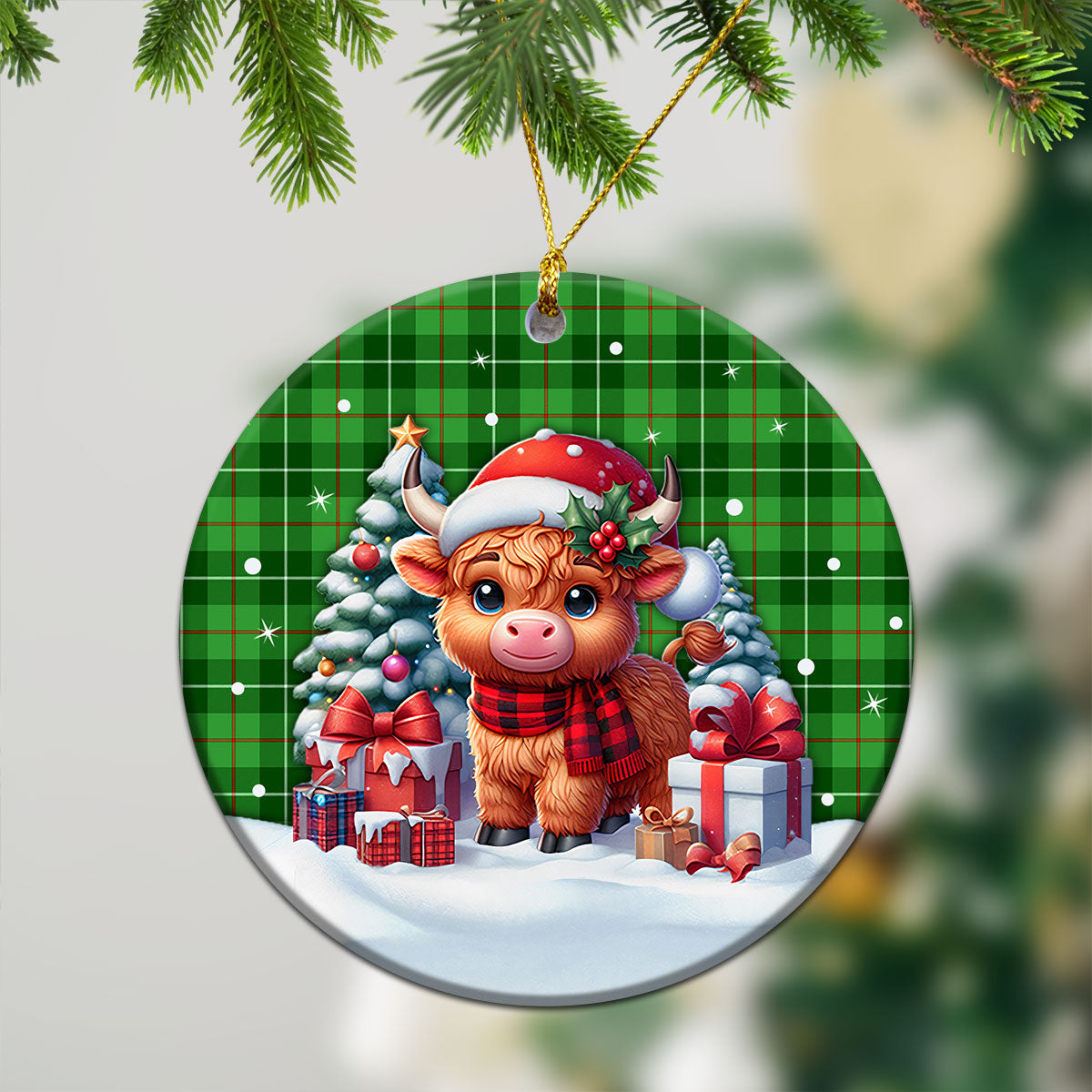 Clephan (or Clephane) Tartan Christmas Ceramic Ornament - Highland Cow Winter Style