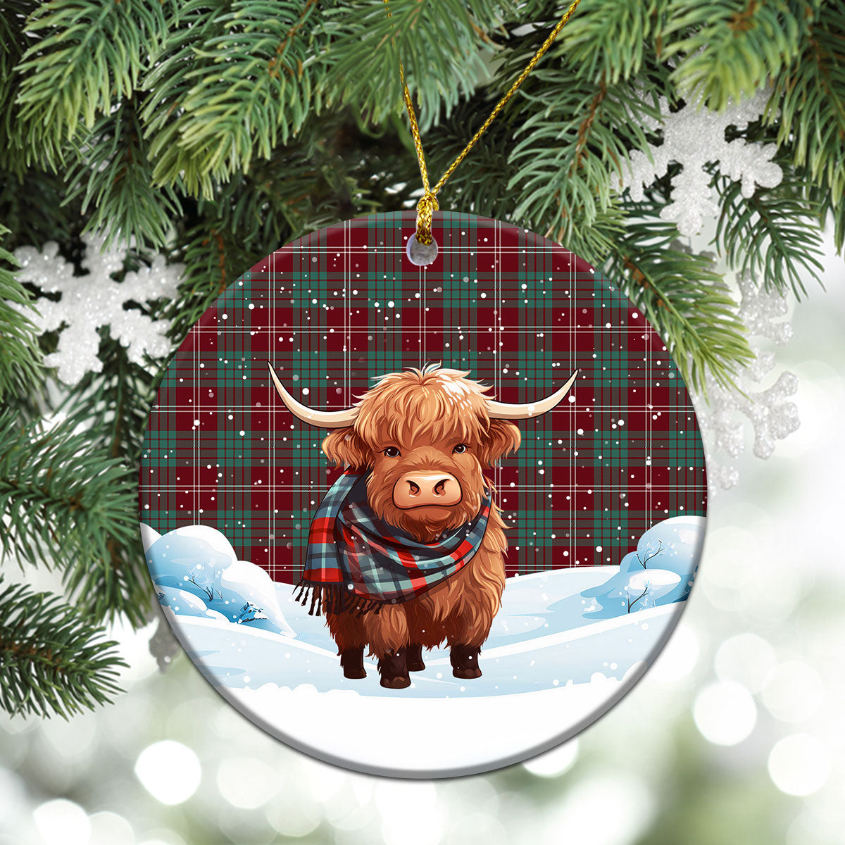 Crawford Modern Tartan Christmas Ceramic Ornament - Highland Cows Snow Style