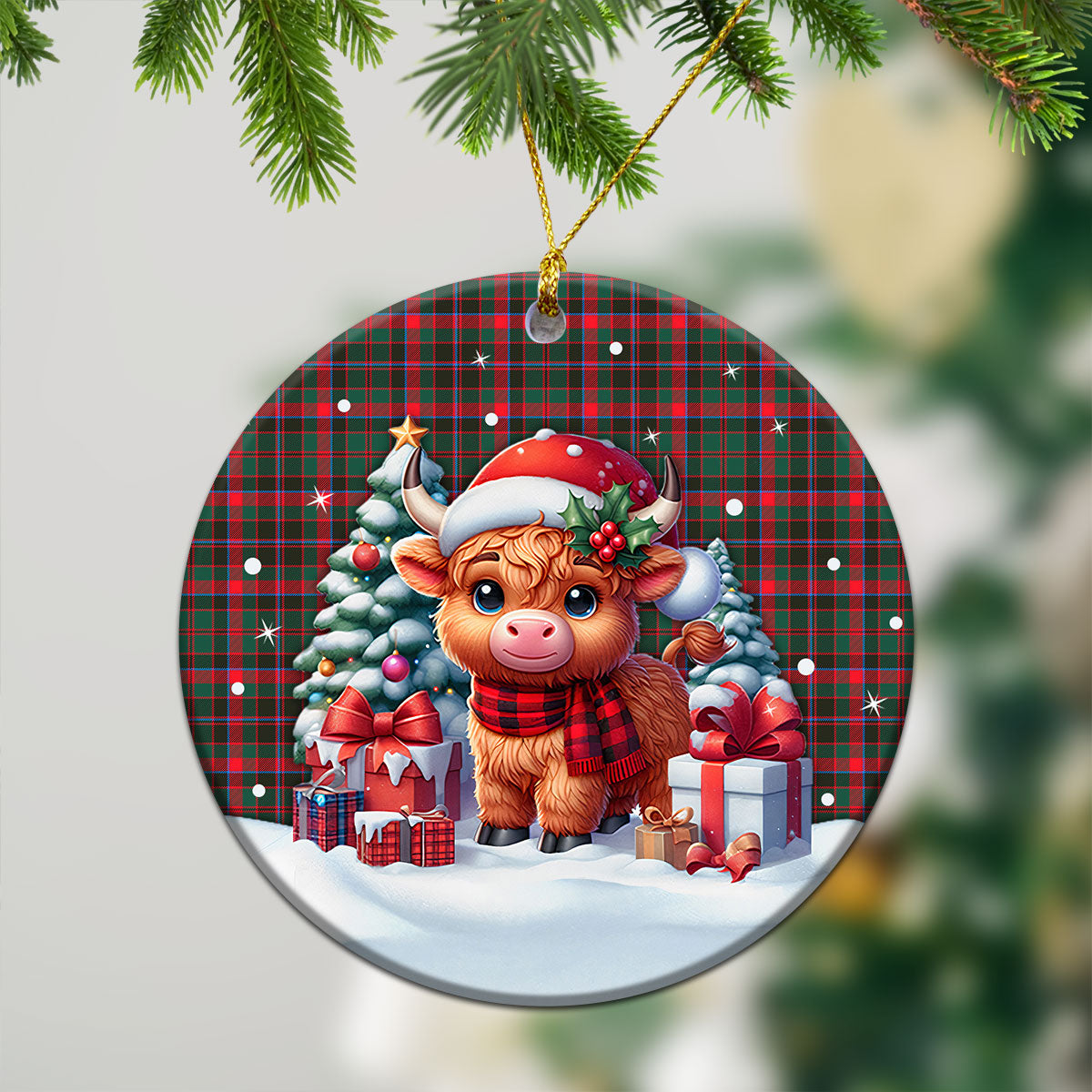 Cumming Hunting Modern Tartan Christmas Ceramic Ornament - Highland Cow Winter Style