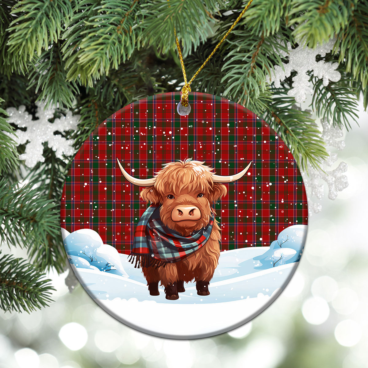 Dalzell Tartan Christmas Ceramic Ornament - Highland Cows Snow Style