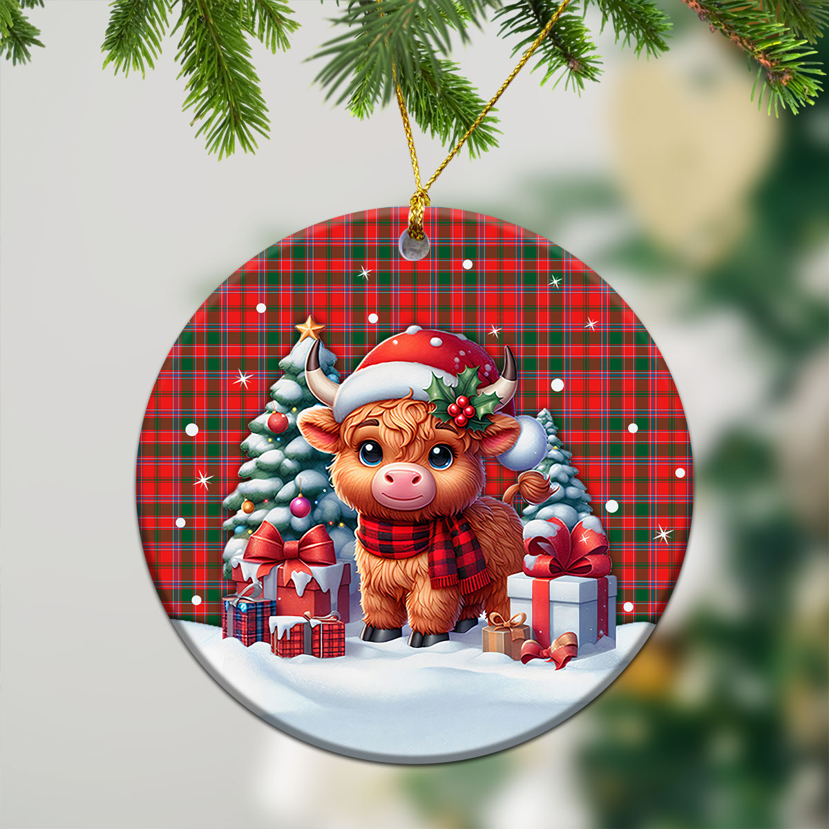 Dalziel Modern Tartan Christmas Ceramic Ornament - Highland Cow Winter Style