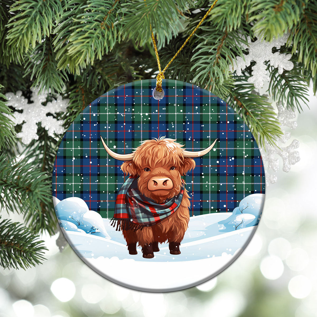 Davidson of Tulloch Tartan Christmas Ceramic Ornament - Highland Cows Snow Style