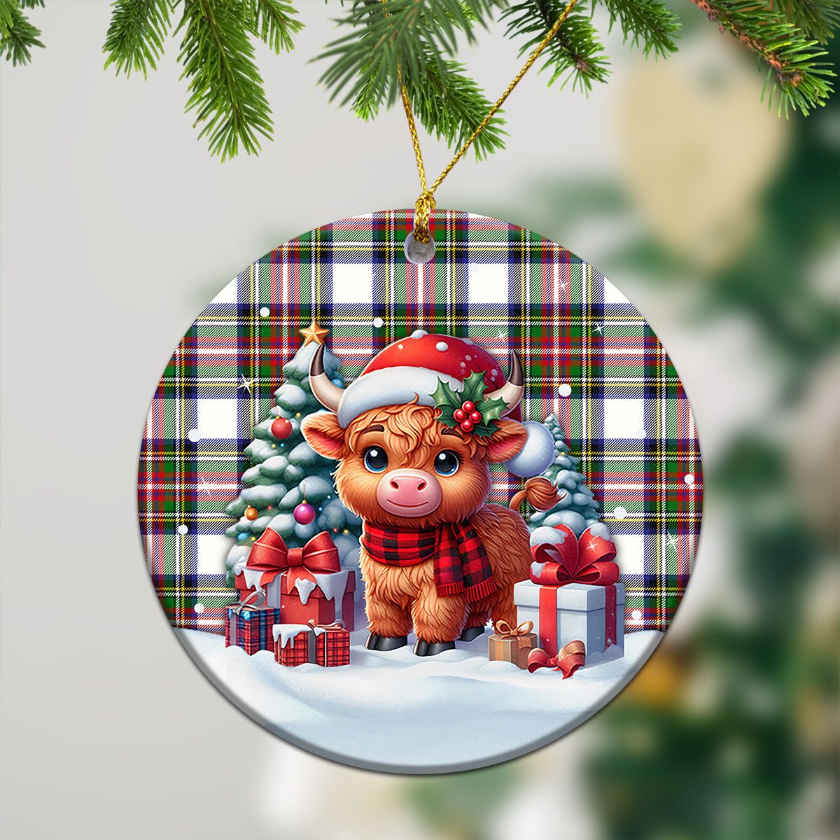 Dennistoun Tartan Christmas Ceramic Ornament - Highland Cow Winter Style