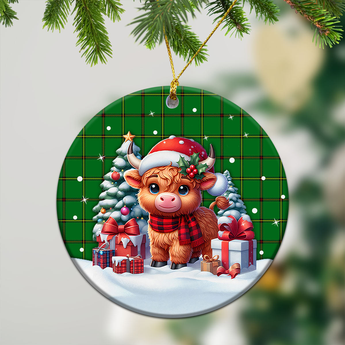 Don Tartan Christmas Ceramic Ornament - Highland Cow Winter Style