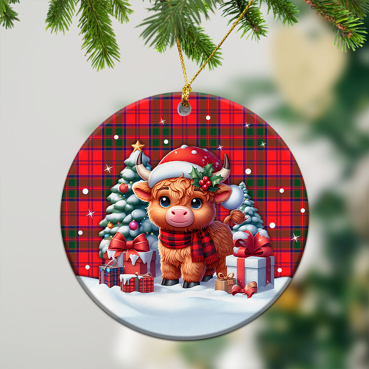 Drummond Modern Tartan Christmas Ceramic Ornament - Highland Cow Winter Style