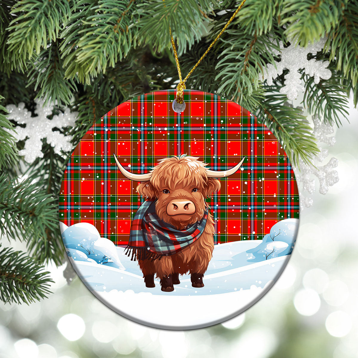 Drummond of Perth Tartan Christmas Ceramic Ornament - Highland Cows Snow Style