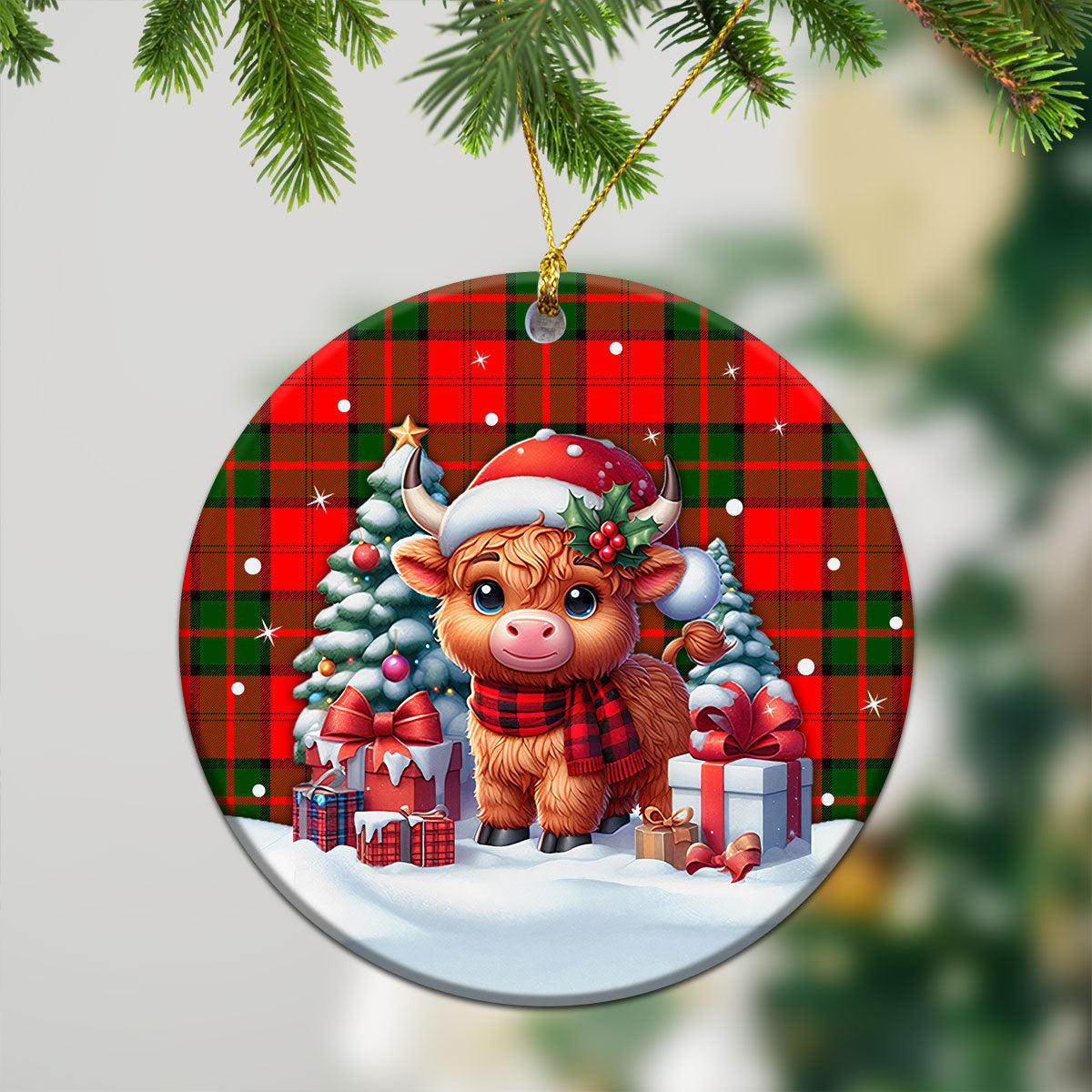 Dunbar Modern Tartan Christmas Ceramic Ornament - Highland Cow Winter Style