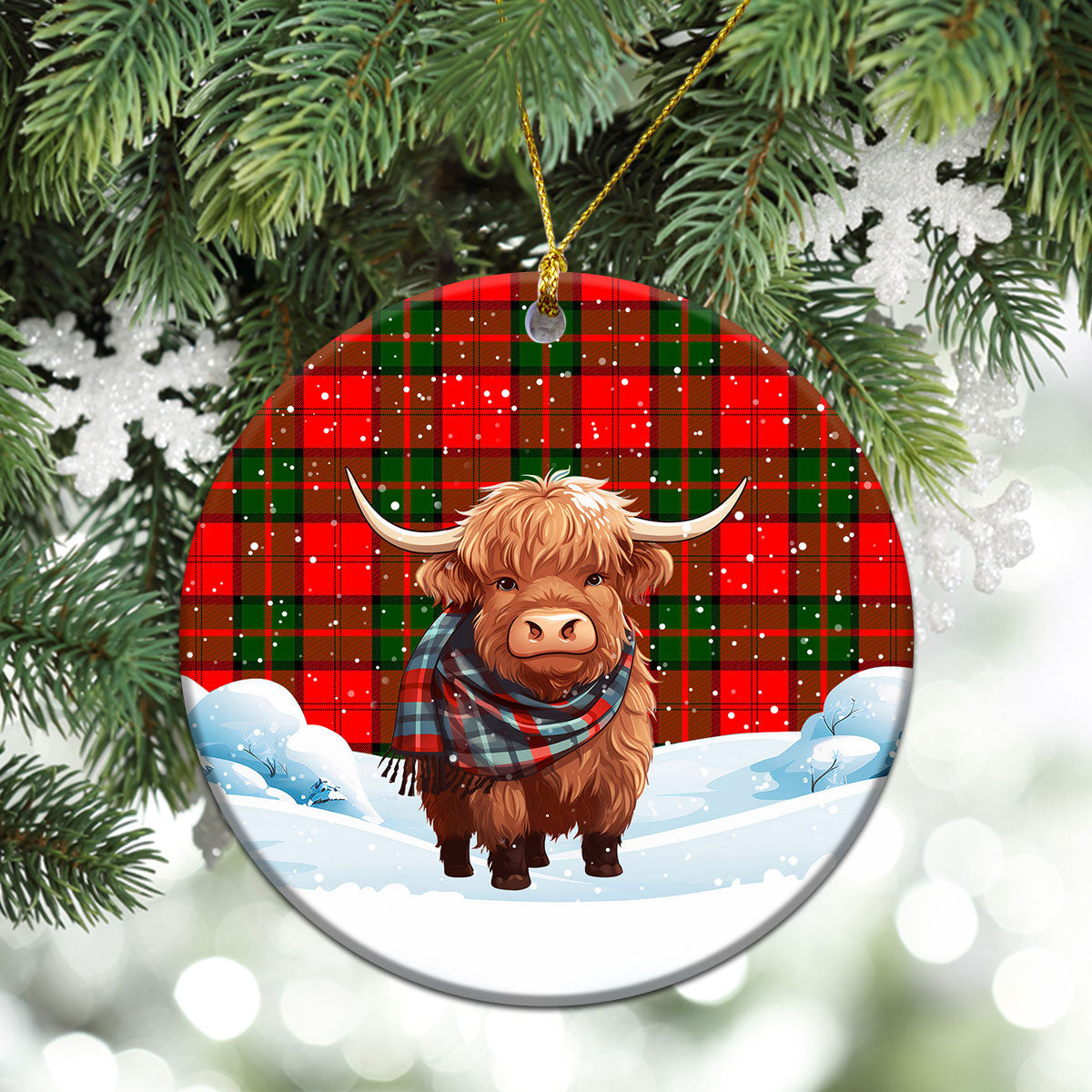 Dunbar Modern Tartan Christmas Ceramic Ornament - Highland Cows Snow Style