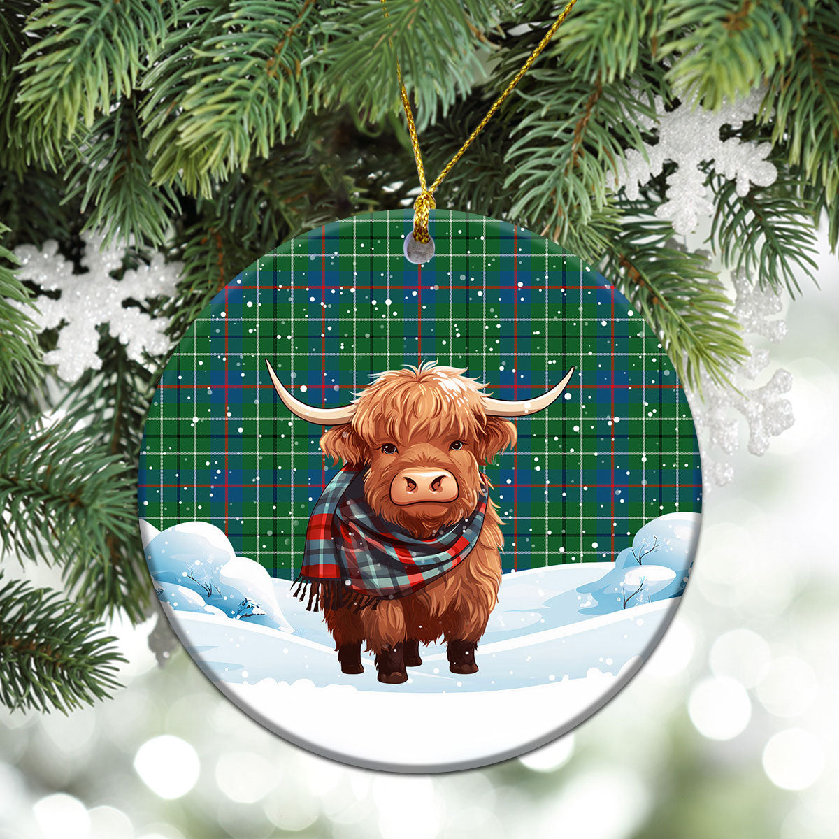 Duncanson Tartan Christmas Ceramic Ornament - Highland Cows Snow Style