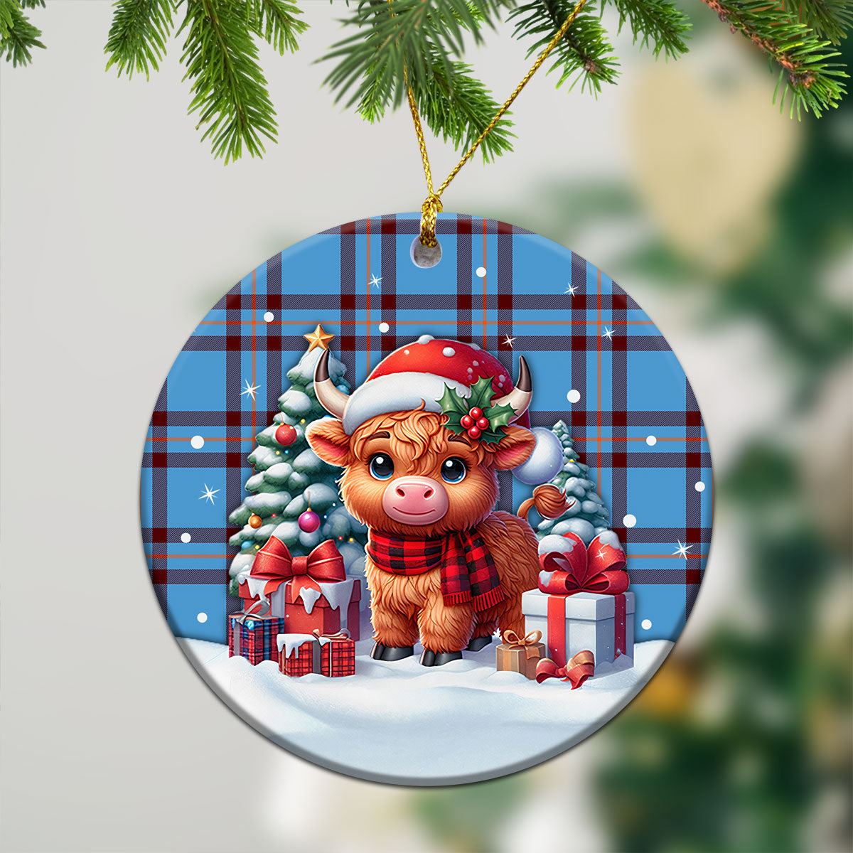 Elliot Ancient Tartan Christmas Ceramic Ornament - Highland Cow Winter Style