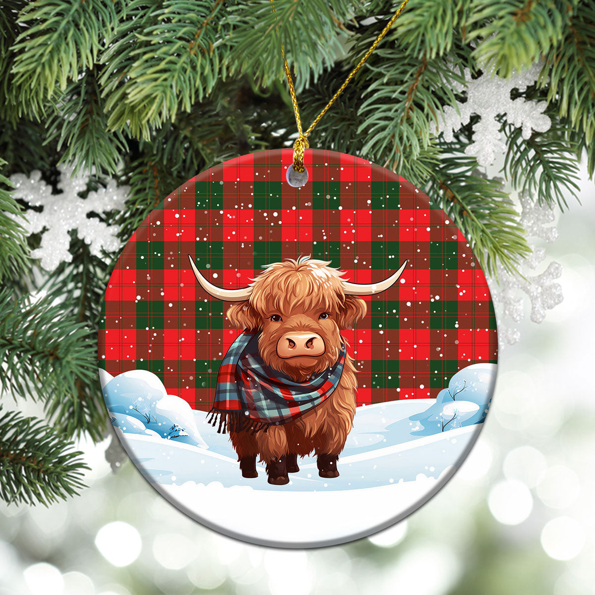 Erskine Modern Tartan Christmas Ceramic Ornament - Highland Cows Snow Style