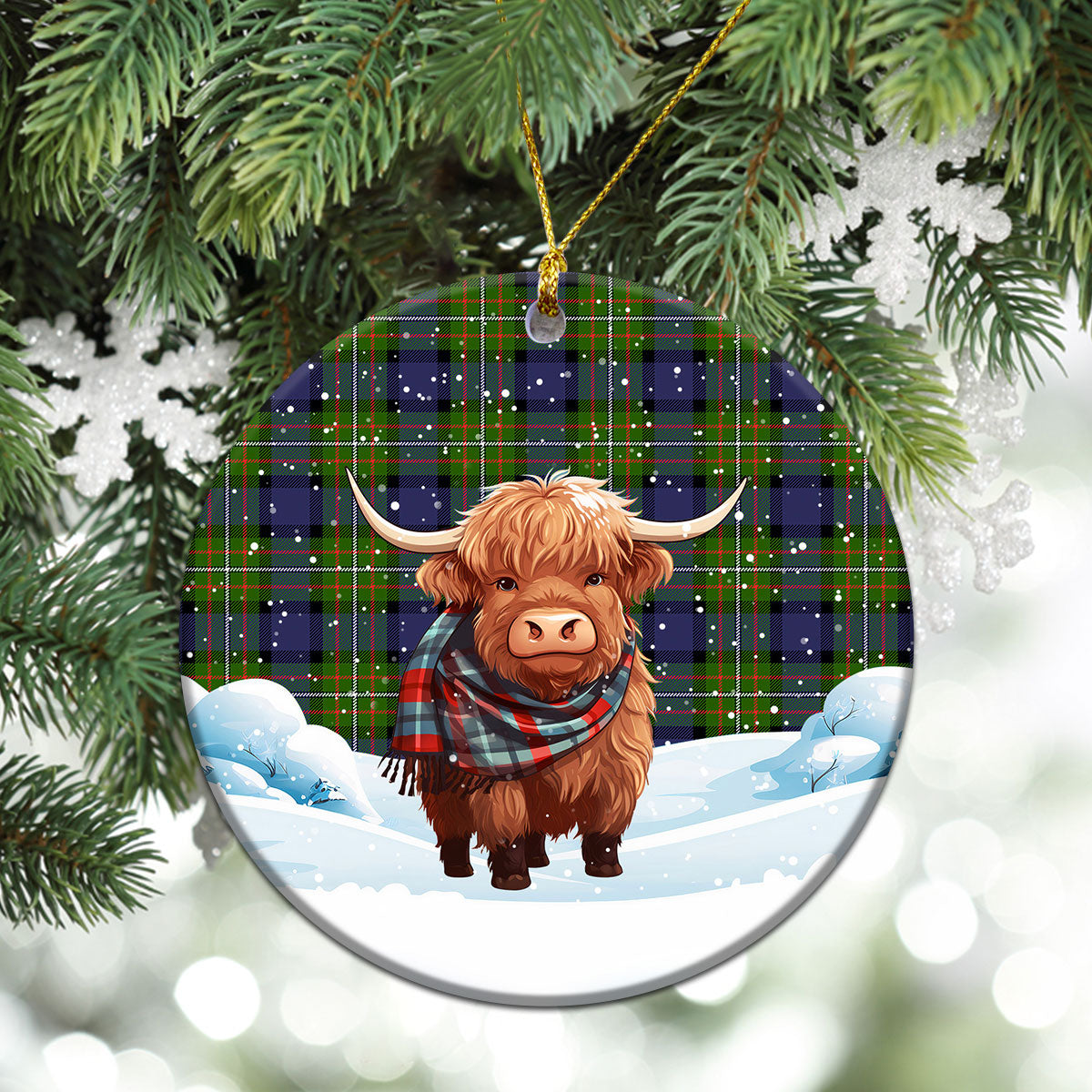 Ferguson Tartan Christmas Ceramic Ornament - Highland Cows Snow Style