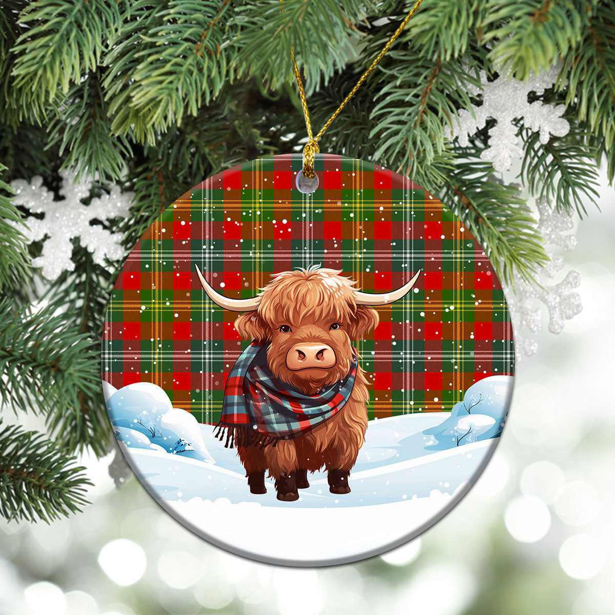 Forrester Tartan Christmas Ceramic Ornament - Highland Cows Snow Style