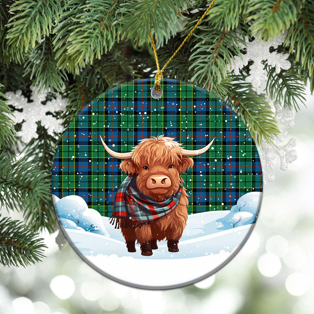 Forsyth Ancient Tartan Christmas Ceramic Ornament - Highland Cows Snow Style