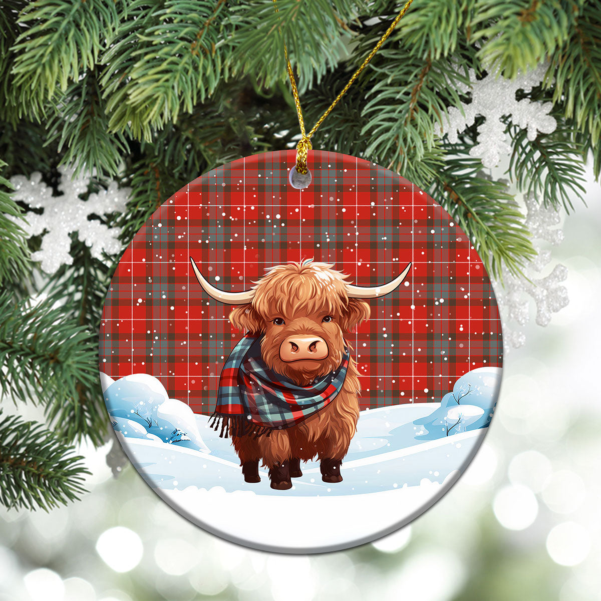 Fraser (of Lovat) Weathered Tartan Christmas Ceramic Ornament - Highland Cows Snow Style