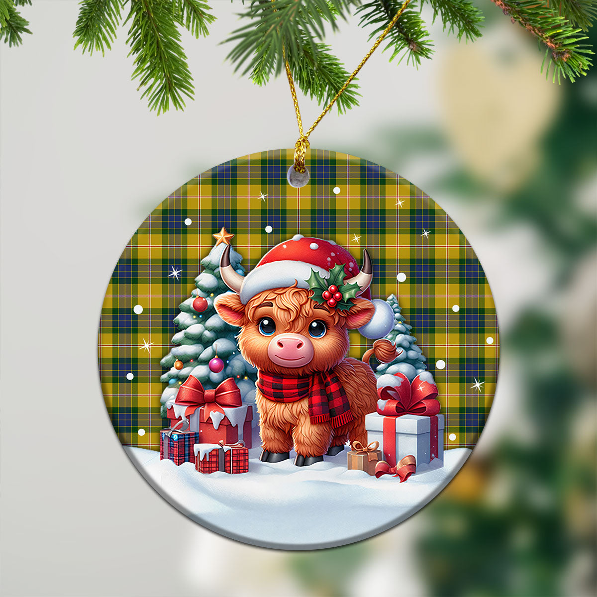 Fraser (of Lovat) Yellow Tartan Christmas Ceramic Ornament - Highland Cow Winter Style