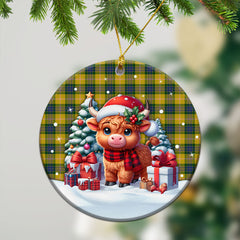 Fraser (of Lovat) Yellow Tartan Christmas Ceramic Ornament - Highland Cow Winter Style