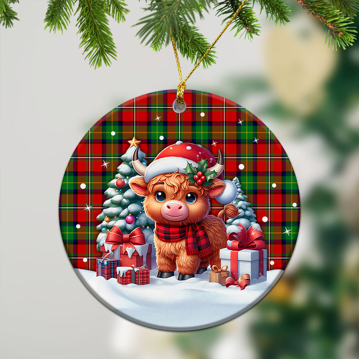 Fullerton Tartan Christmas Ceramic Ornament - Highland Cow Winter Style