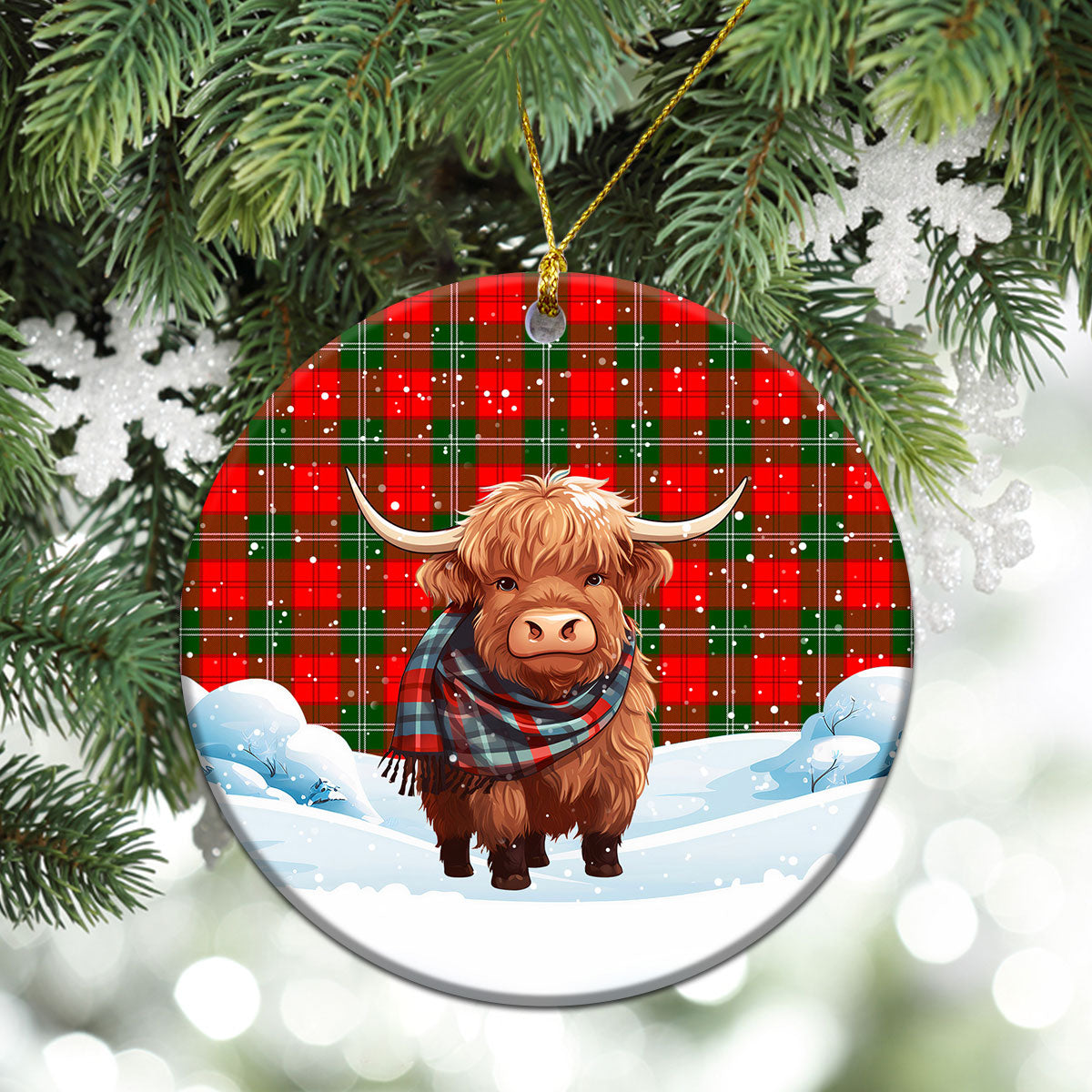 Gartshore Tartan Christmas Ceramic Ornament - Highland Cows Snow Style