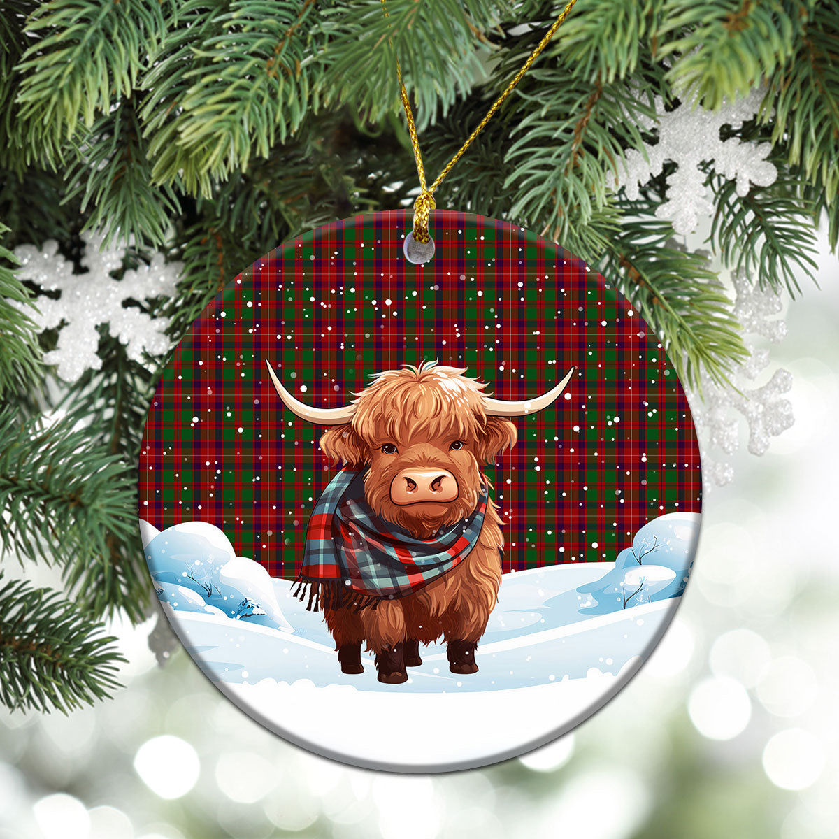 Geddes Tartan Christmas Ceramic Ornament - Highland Cows Snow Style