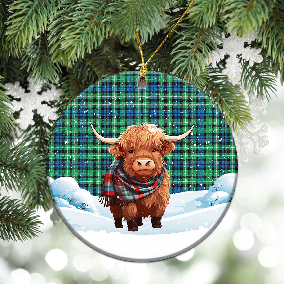 Graham of Montrose Ancient Tartan Christmas Ceramic Ornament - Highland Cows Snow Style