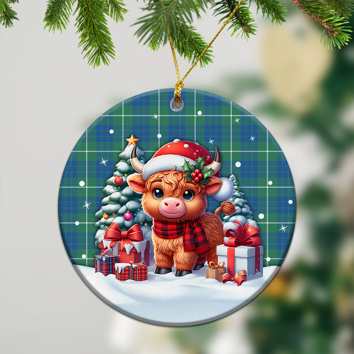 Hamilton Hunting Ancient Tartan Christmas Ceramic Ornament - Highland Cow Winter Style