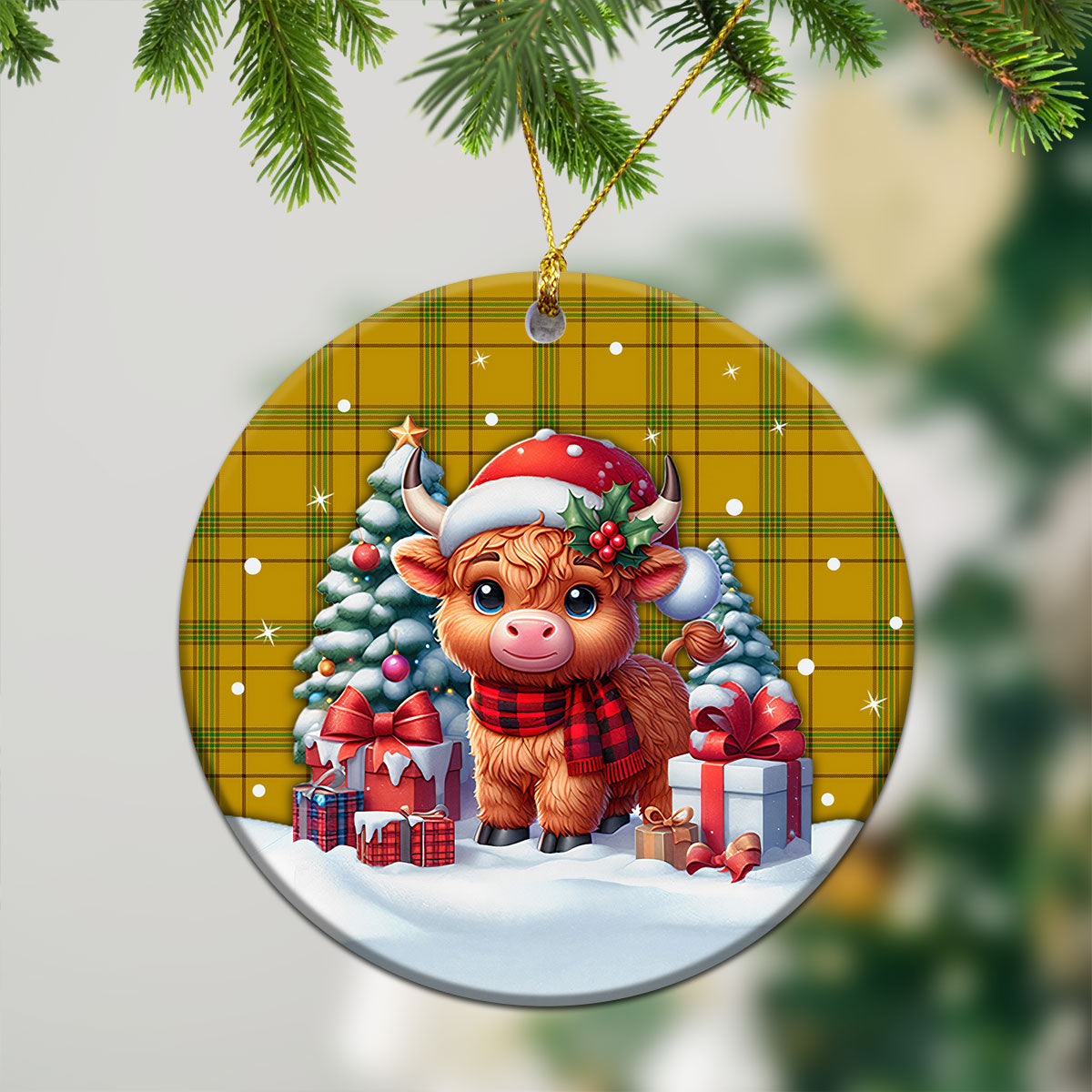 Houston Tartan Christmas Ceramic Ornament - Highland Cow Winter Style