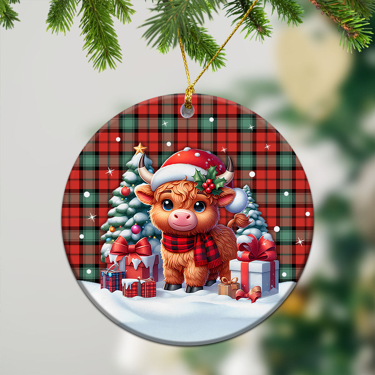 Kerr Ancient Tartan Christmas Ceramic Ornament - Highland Cow Winter Style