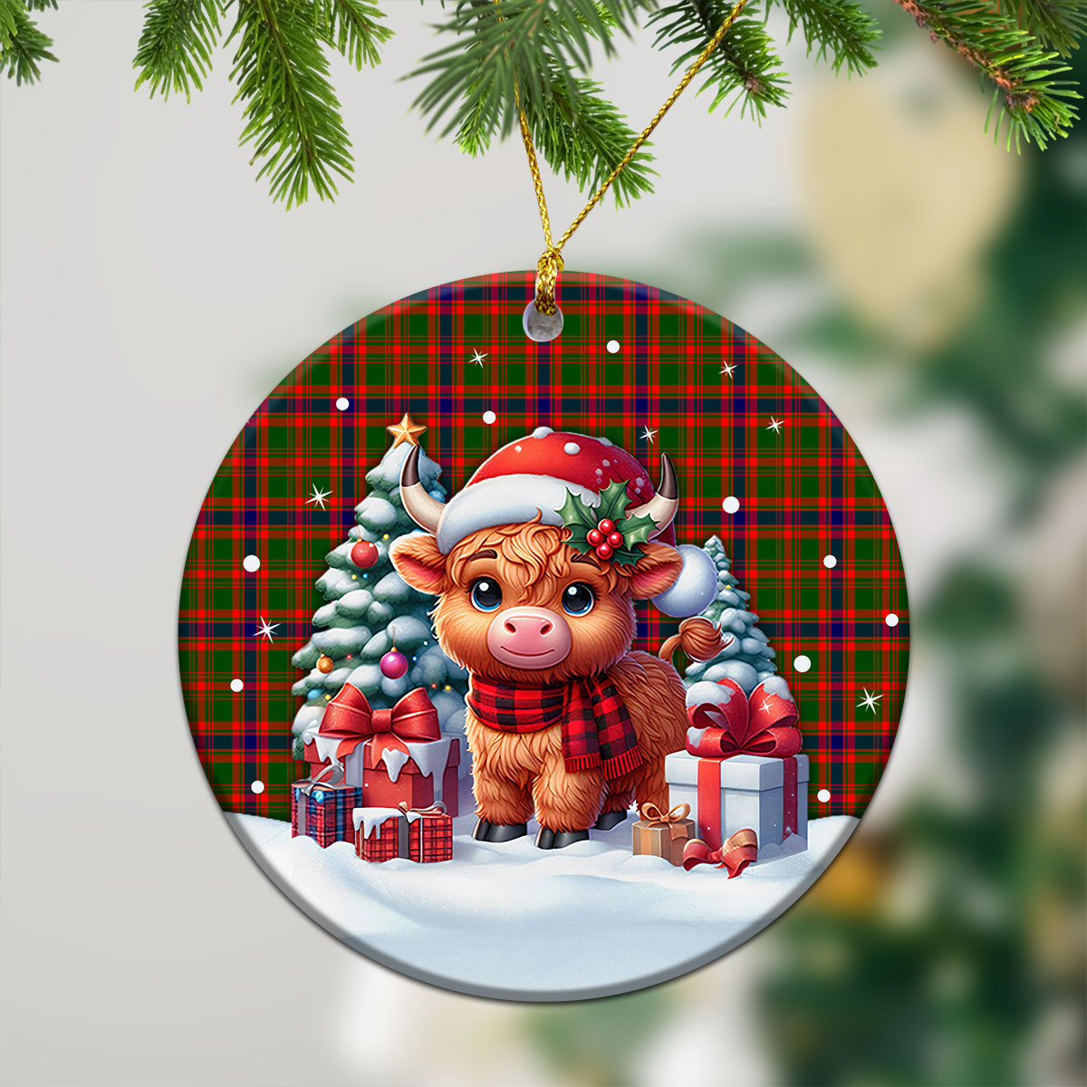 Kinninmont Tartan Christmas Ceramic Ornament - Highland Cow Winter Style