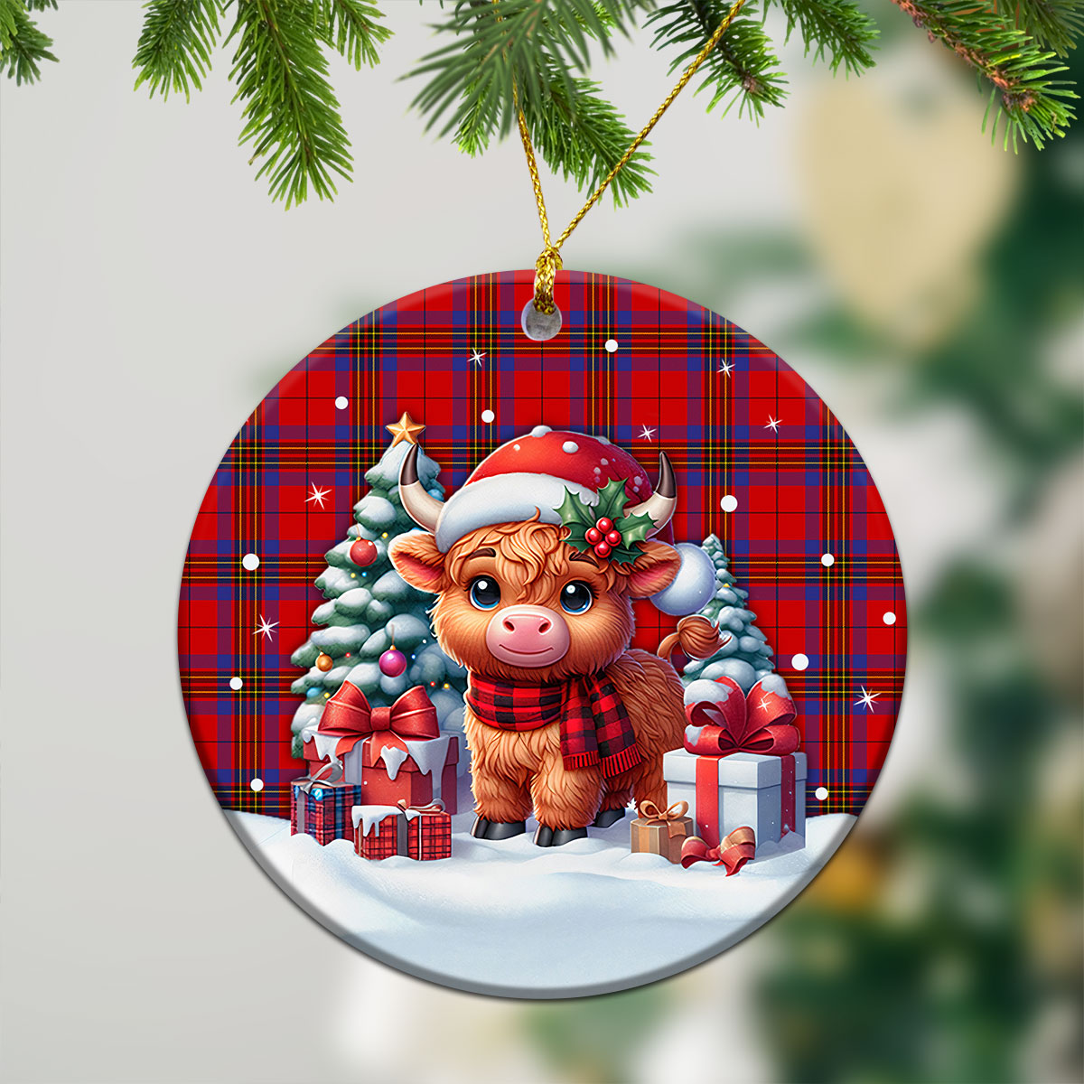 Leslie Modern Tartan Christmas Ceramic Ornament - Highland Cow Winter Style