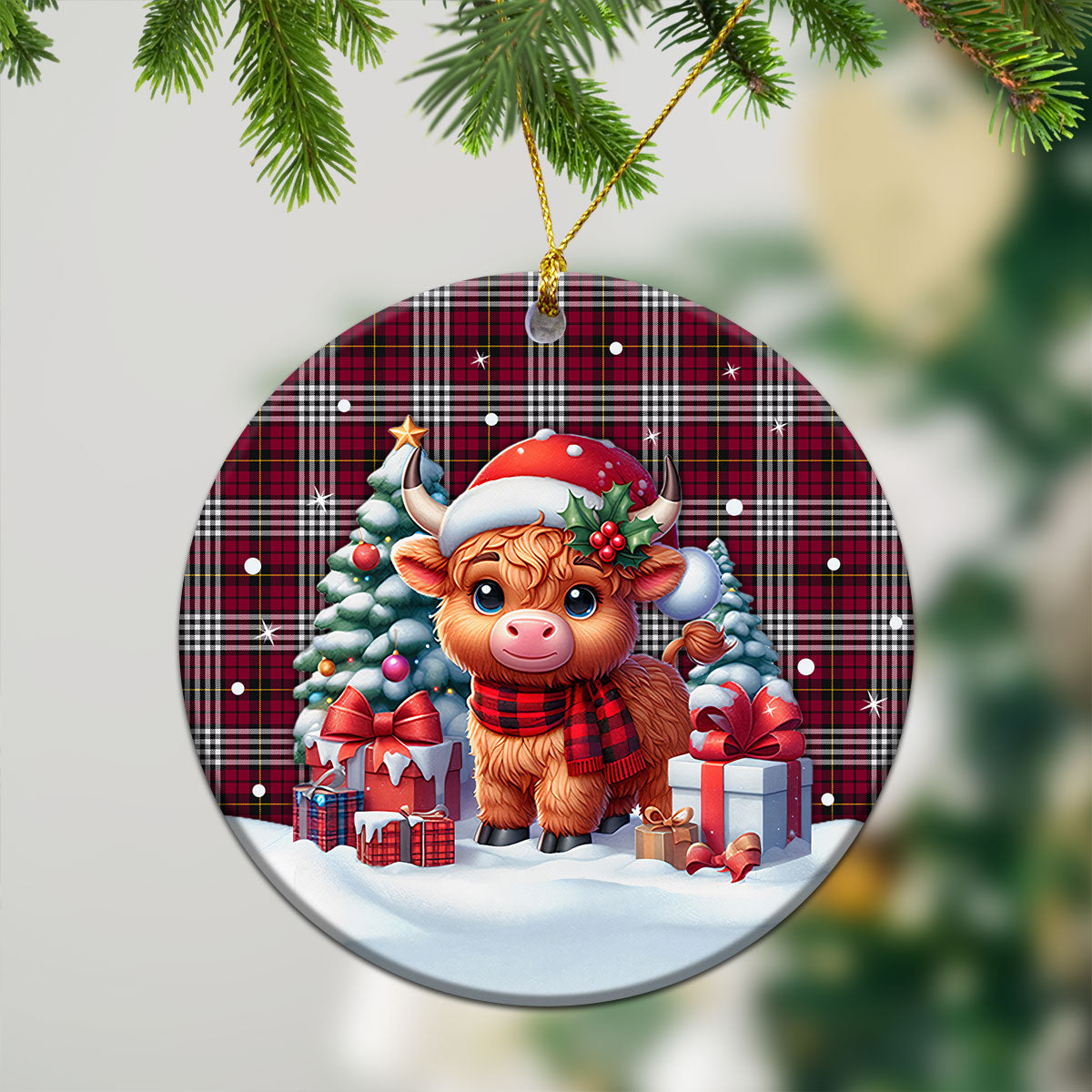 Little Tartan Christmas Ceramic Ornament - Highland Cow Winter Style