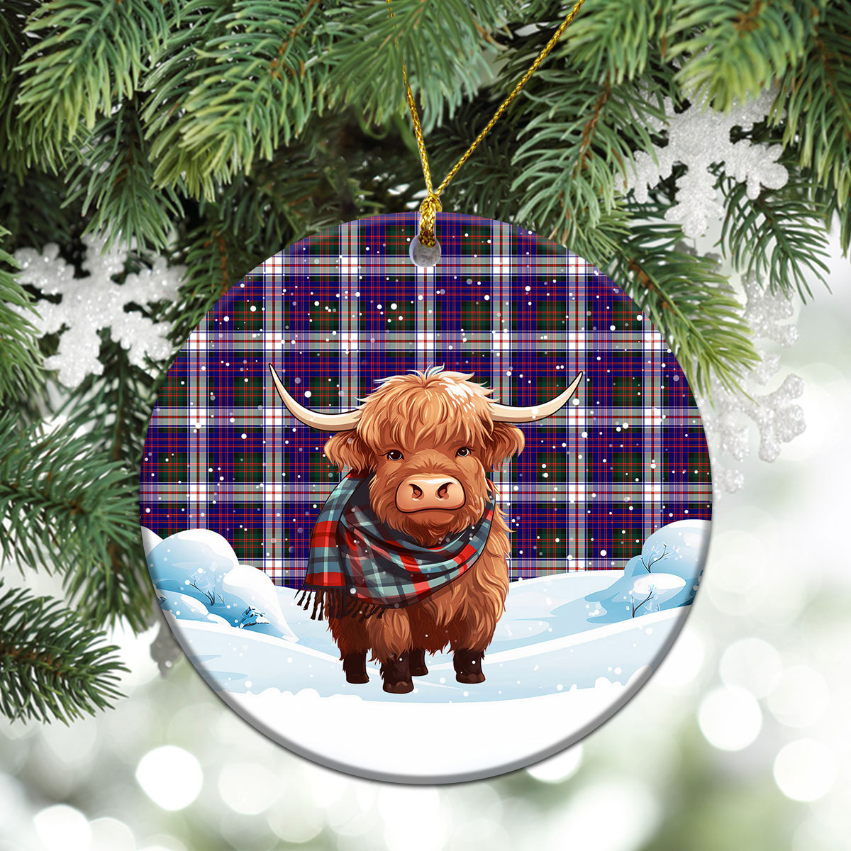 MacDonald Dress Modern Tartan Christmas Ceramic Ornament - Highland Cows Snow Style